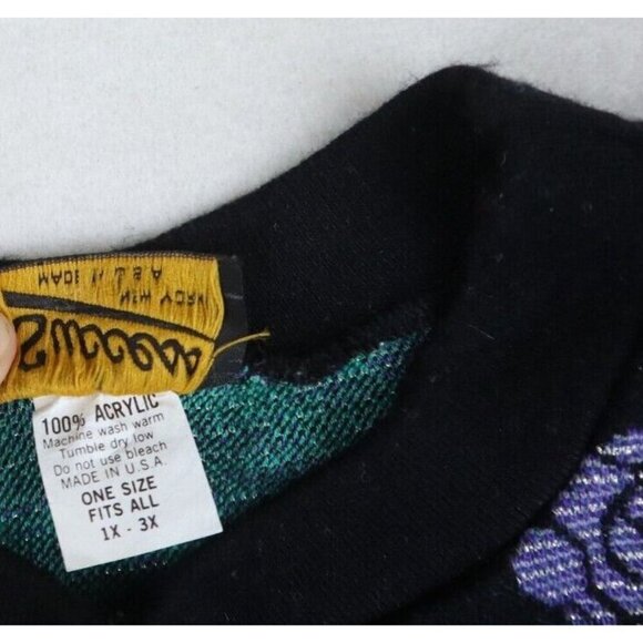 VINTAGE WOMEN'S BLACK PURPLE ROSE PRINT PULLOVER SWEATER - BY SUCCESS - ONE SIZE - Picture 4 of 5